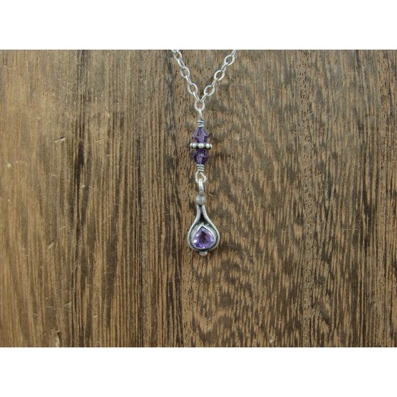 16" Sterling Silver Heavily Tarnished Amethyst Necklace Vintage Minimalist - Picture 1 of 7